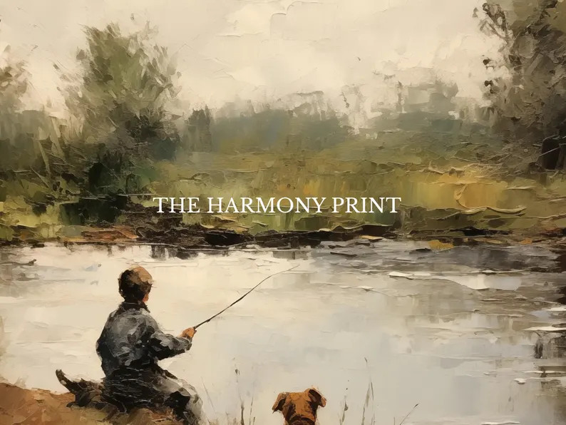 Vintage Boy Fishing Wall Art, Nursery Decor, Boys Room Wall Art, Peaceful Lake Scene with Dog, Nu... | Etsy (US)