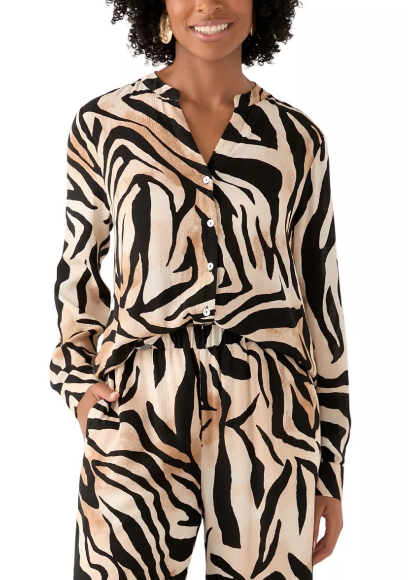 Women's Zebra Printed Button Front Split Neck Blouse | Belk