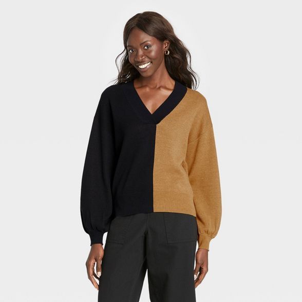 Women's Colorblock V-Neck Pullover Sweater - Who What Wear™ Black | Target