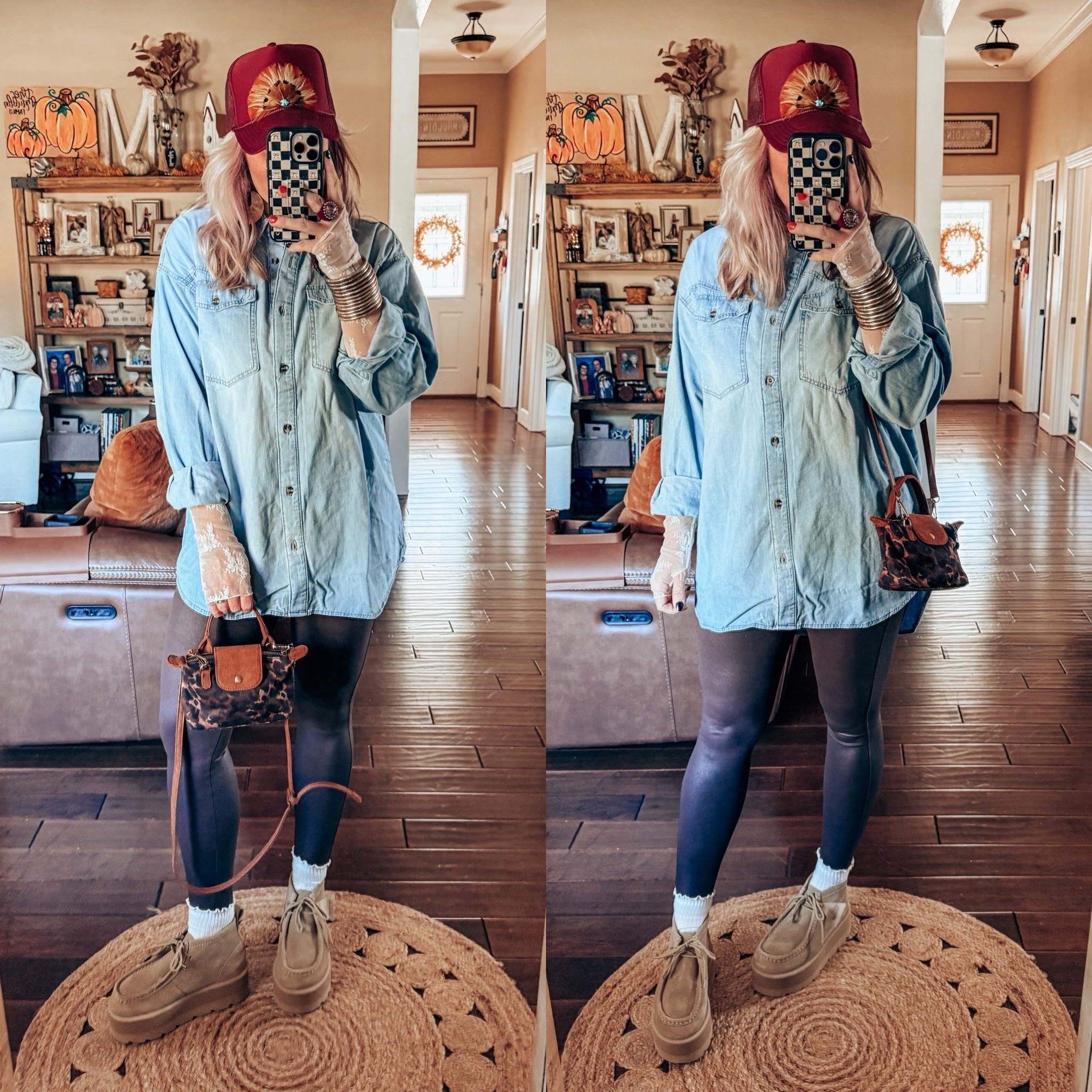 My fit today to ride with my hubby to town! Love this denim button up from Walmart and it’s so cute over a mesh top. Well anything is really! 😂 
Also loving these brown faux leather leggings from Amazon, seriously my FAVS! Also good for gym too!! 
I’m obsessed over these fun platform Clark Wallabees! 👏🏼🥰


#LTKOver40 #LTKStyleTip #LTKShoeCrush