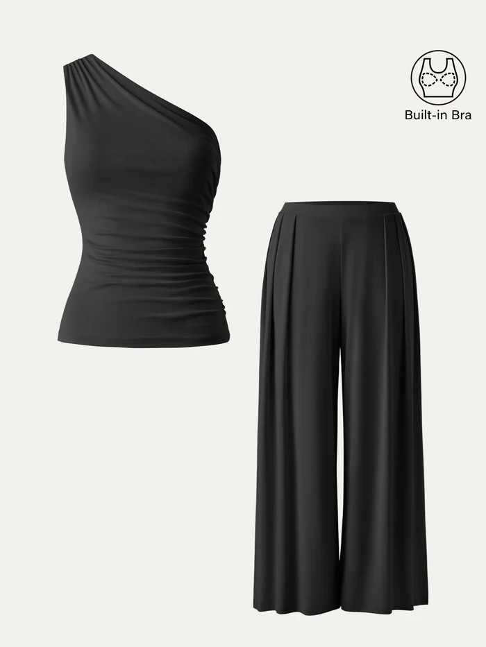 2Pcs Set Regular Wide Leg Palazzo Pant with Pockets & Ruched Bra Tank | OGLmove