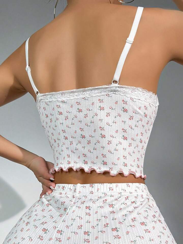 Ditsy Floral Print Lettuce Trim Cami Sleep Top | SHEIN