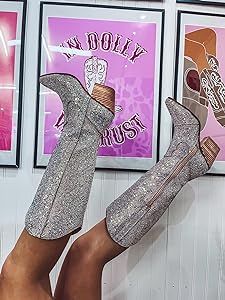 Women's Rhinestone Boots Western Mid Calf Pointed Toe Fashion Cowgirl Boots 5cm Chunky Stacked He... | Amazon (US)