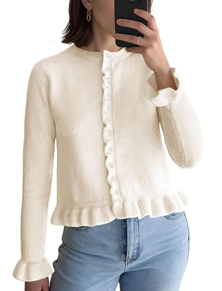 Alljoin Women Ruffle Cardigan Sweaters Button Up Cropped Long Sleeve Solid Knit Cardigan Casual C... | Amazon (CA)