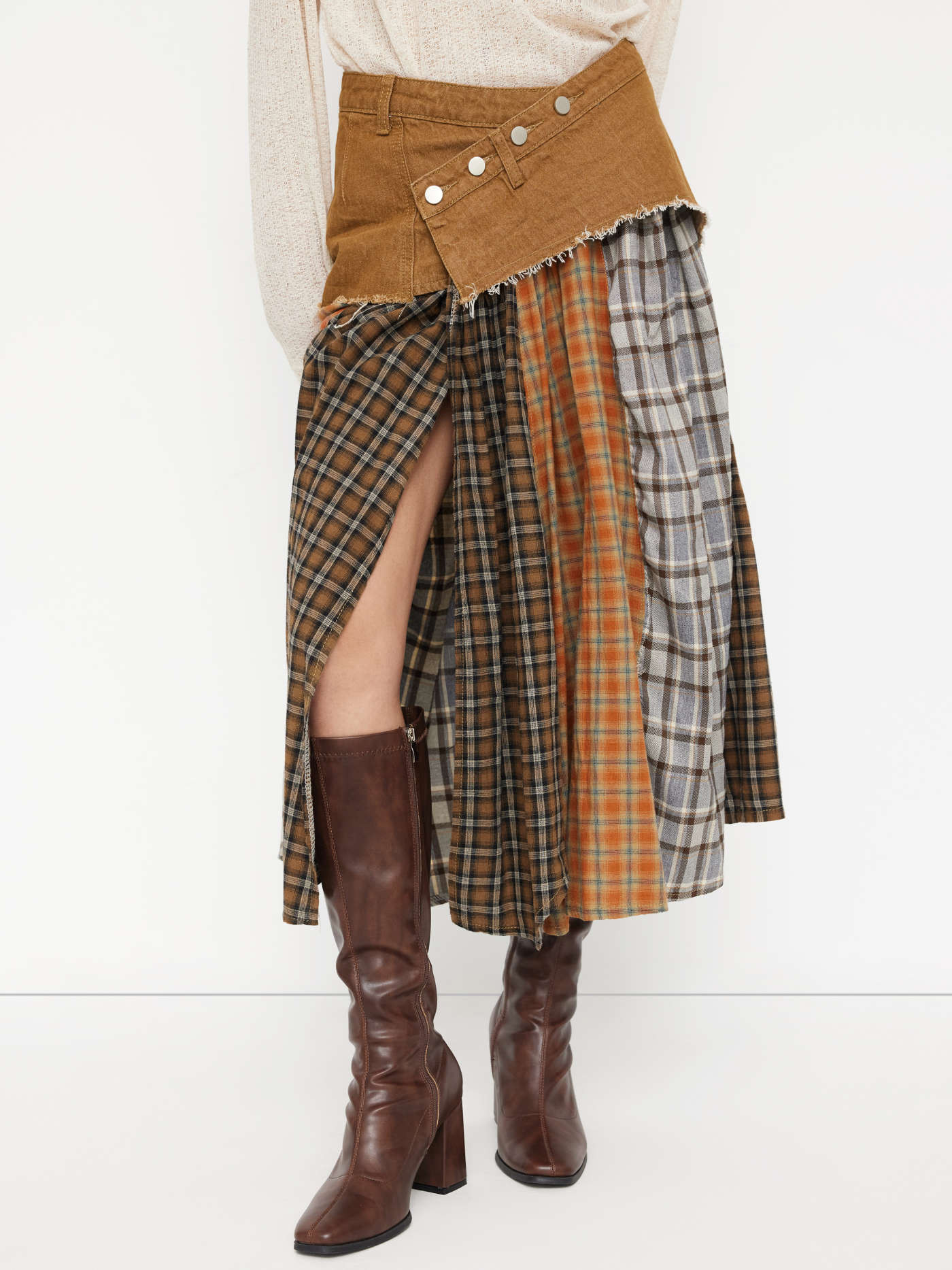 Mid Rise Plaid Patchwork Pleated Maxi Skirt | Cider