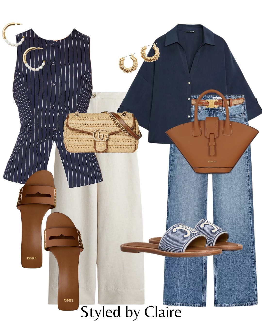 Chic styling for your next city break🙋🏽‍♀️
Tags: pinstripe waistcoat revolve button up linen trousers H&M mango brown sandals Gucci raffia bag shirt Zara navy chestnut Celine flats stripe belt paris64 brown leather bag fashion summer inspo outfit ideas Paris Dubai st tropez Cannes jeans capsule wardrobe trending

#LTKsummer #LTKstyletip
