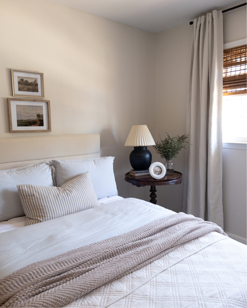 Bedroom decor, guest bedroom, neutral bedroom, vintage bedroom, bamboo shades, curtains, drapes, neutral headboard 

#LTKSeasonal #LTKhome #LTKsalealert