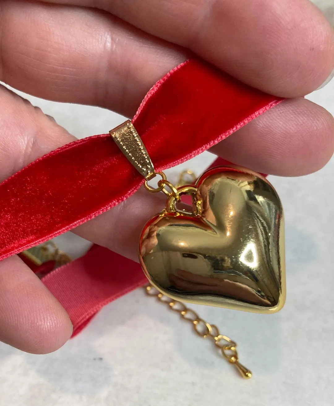Gold Puffed Heart Pendant Red Velvet Choker Y2K 2000 Heart Pendant 16mm Velvet Choker Puffed Hear... | Etsy (US)
