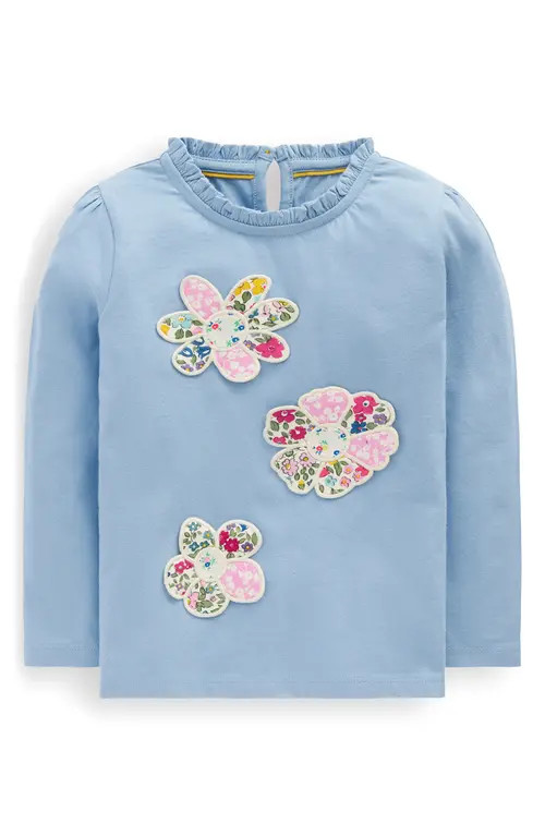 Mini Boden Kids' Flower Appliqué Ruffle Neck Cotton Graphic T-Shirt in Glacier Blue Flowers at Nordstrom, Size 3-4Y | Nordstrom