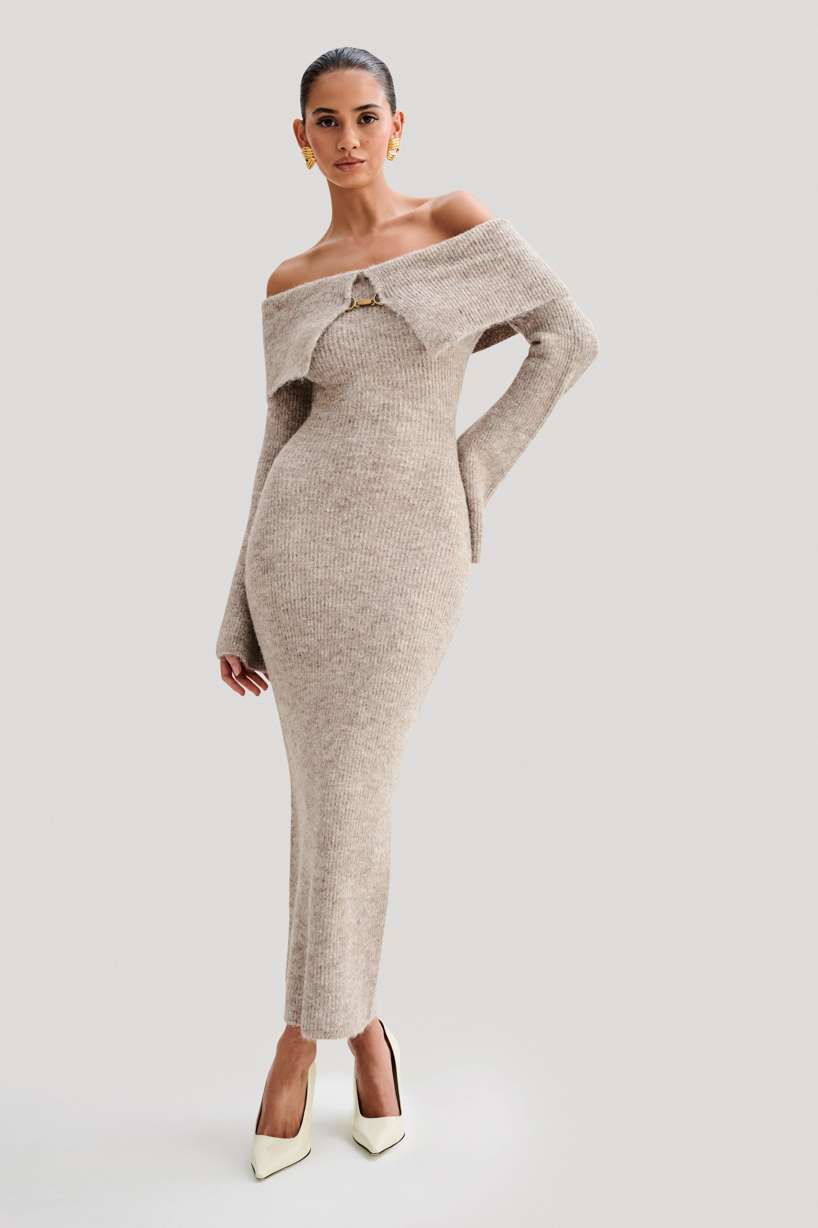 Baxter Off Shoulder Fluffy Knit Midi Dress - Taupe Marle | MESHKI US