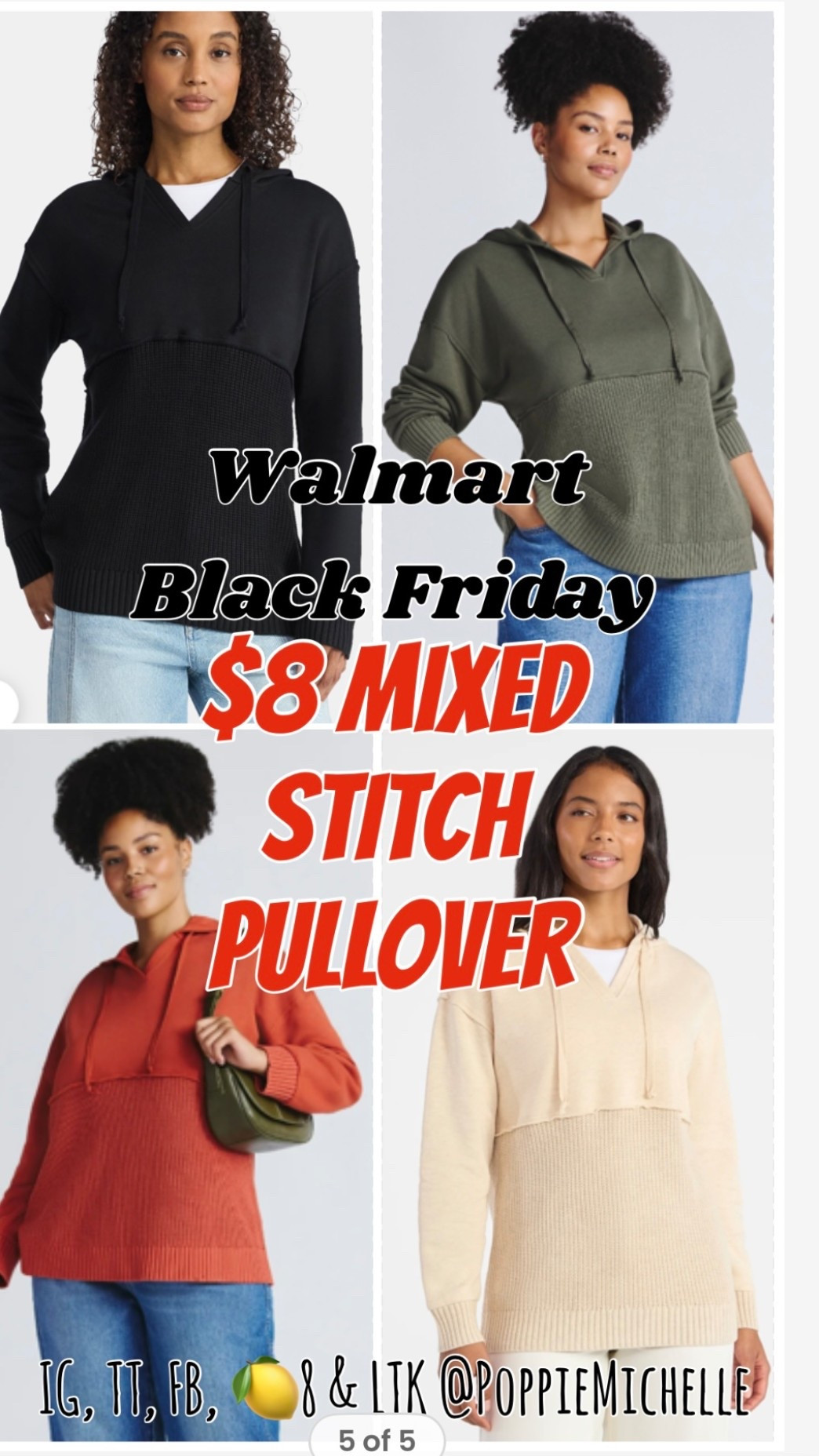 Walmart Black Friday 
Mixed Knit Hooded Pullover 
Hoodie 

Green pullover 
Oatmeal hoodie
Black pullover 
Rust hooded pullover 

#LTKSaleAlert #LTKCyberWeek