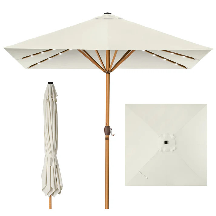 Square Solar LED Lighted Patio Umbrella w/ Faux Wood Texture - 9ft | Best Choice Products 