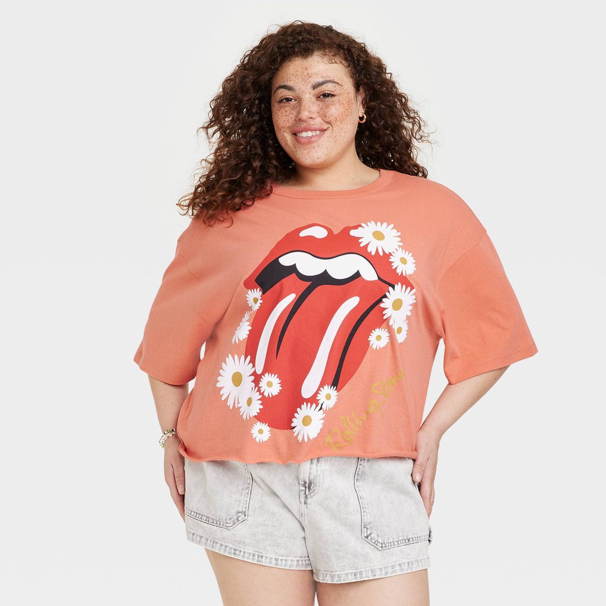Women's The Rolling Stones Daisy Floral Short Sleeve Graphic Crop T-Shirt - Orange | Target