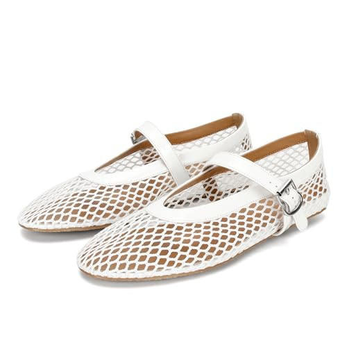 DOEYG Mesh Ballet Flats for Women Round Toe Mesh Flats Ballet Shoes Buckle Strap Mesh Mary Jane Flats Comfy Casual Office Summer Fishnet Ballerina Flats Shoes White | Amazon (US)