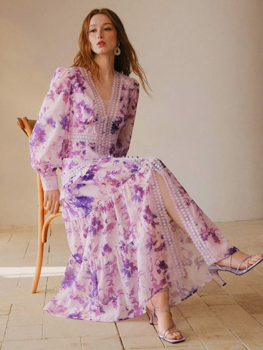 MOTF PREMIUM WOMEN'S FLORAL PATCHWORK WAIST CINCHED V-NECK DRESS | SHEIN