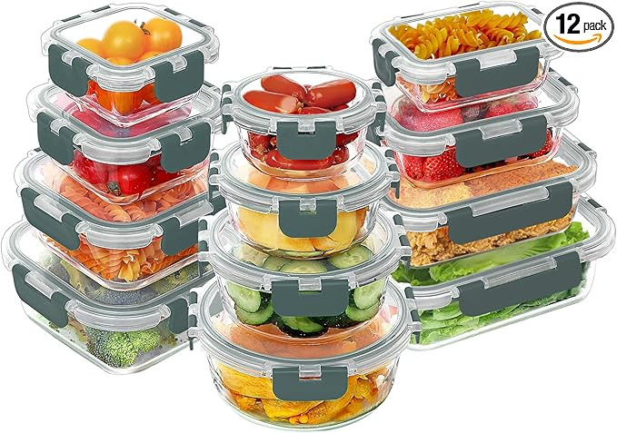 VERONES 24 Pieces Glass Food Storage Containers Set, Airtight Glass Lunch Containers, Glass Meal ... | Amazon (US)