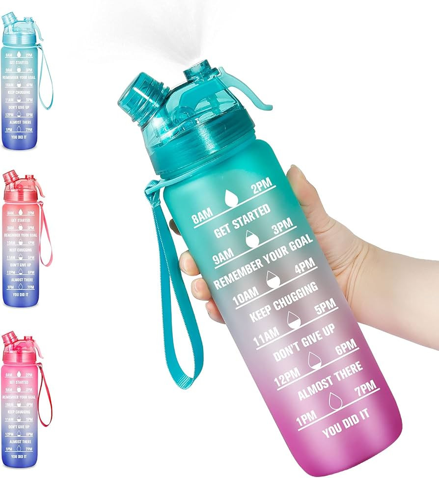 BOTTLE BOTTLE 32 oz Motivational Water Bottle with Time Marker - Water Bottle with Spray Mist Lea... | Amazon (US)