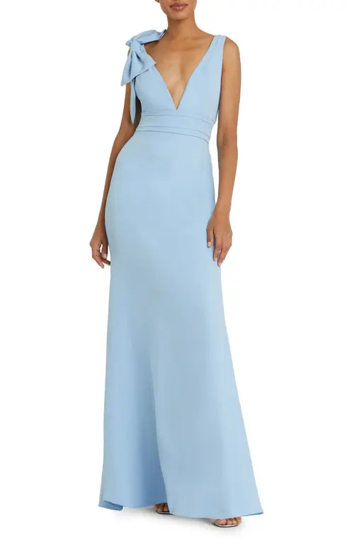Mac Duggal Bow Shoulder V-Neck Gown in Powder Blue at Nordstrom, Size 0 | Nordstrom