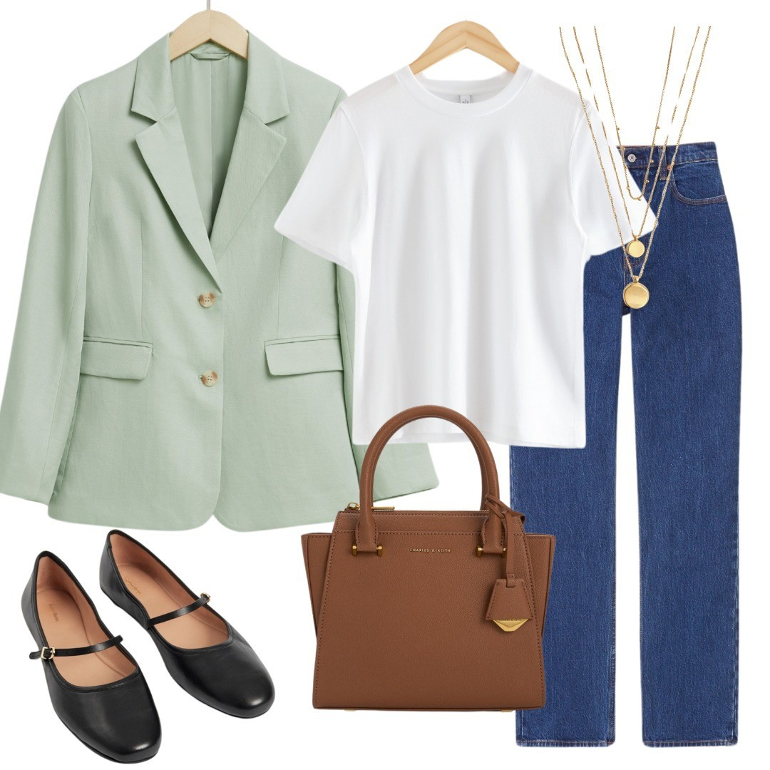 Green blazer, pistachio green, denim look, jeans, Mary Jane ballerinas, white t-shirt, necklace, brown bag, simple look

#LTKfindsunder100 #LTKstyletip #LTKworkwear