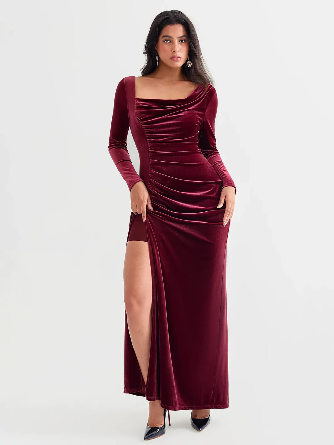 Velvet Draped Long Sleeve Sculpting Column Gown | Popilush