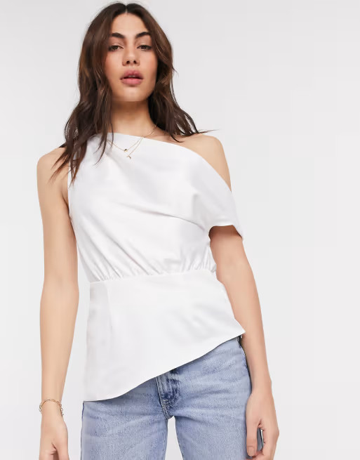 ASOS DESIGN one shoulder sleeveless top in satin in ivory | ASOS (Global)