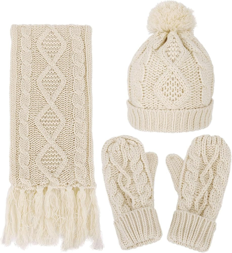 ANDORRA 3 in 1 Women Soft Warm Thick Cable Knitted Hat Scarf & Gloves Winter Set | Amazon (US)