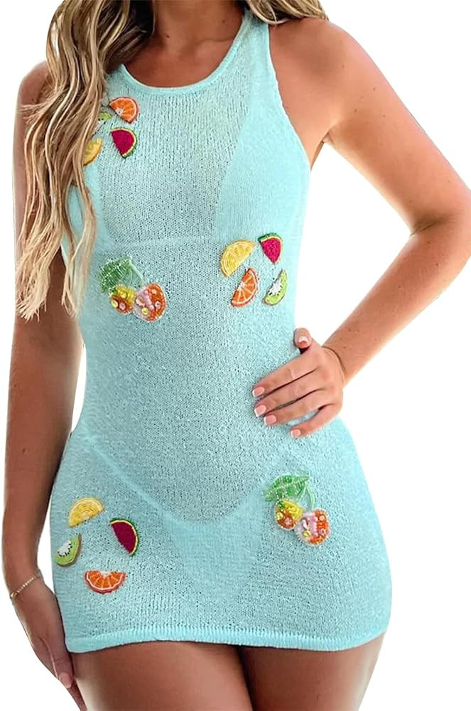 Women's Y2K Sleeveless Knit Mini Dress Casual Crochet Ruffle Hem Sleeveless Bodycon Tank Dresses ... | Amazon (US)