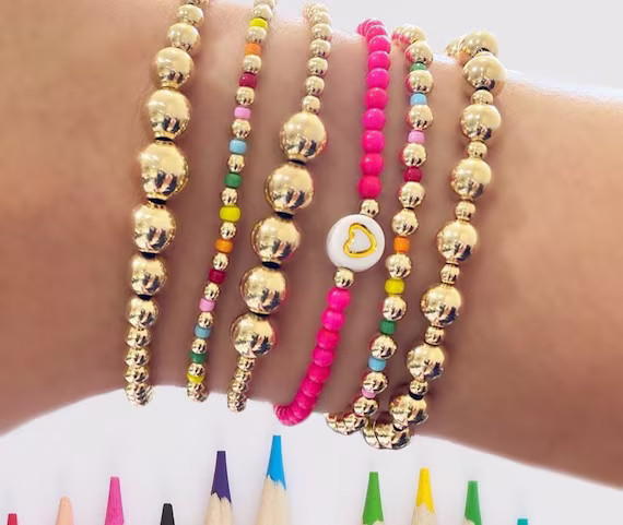 Gold Bead Bracelet, 14K Gold Filled Beaded Ball Bracelet, 3mm, 4mm, Colorful Rainbow Beads, Layer... | Etsy (US)