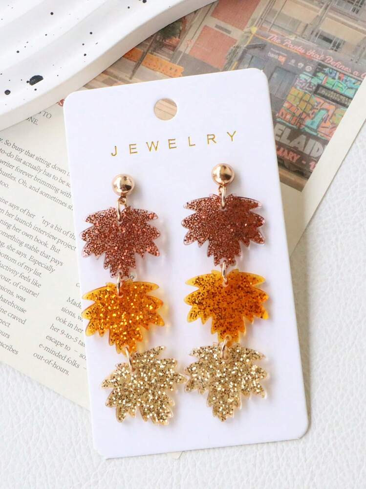 1 Pair Autumn/Winter Bling Bling Maple Leaf Acrylic Long Triple Maple Leaf Personalized Elegant E... | SHEIN