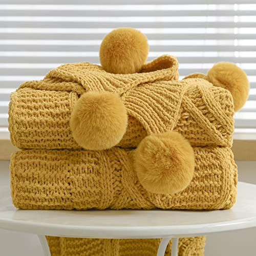 Cyusri Yellow Chunky Knit Blanket with Pom Poms - Soft Cozy Knitted Throw Blankets for Couch, Bed, Sofa, Chair,51×63 Inches | Amazon (US)