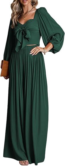 Dokotoo Two Piece Outfits for Women Heart Neck Long Sleeve Crop Tops and Wide Leg Palazzo Pants L... | Amazon (US)