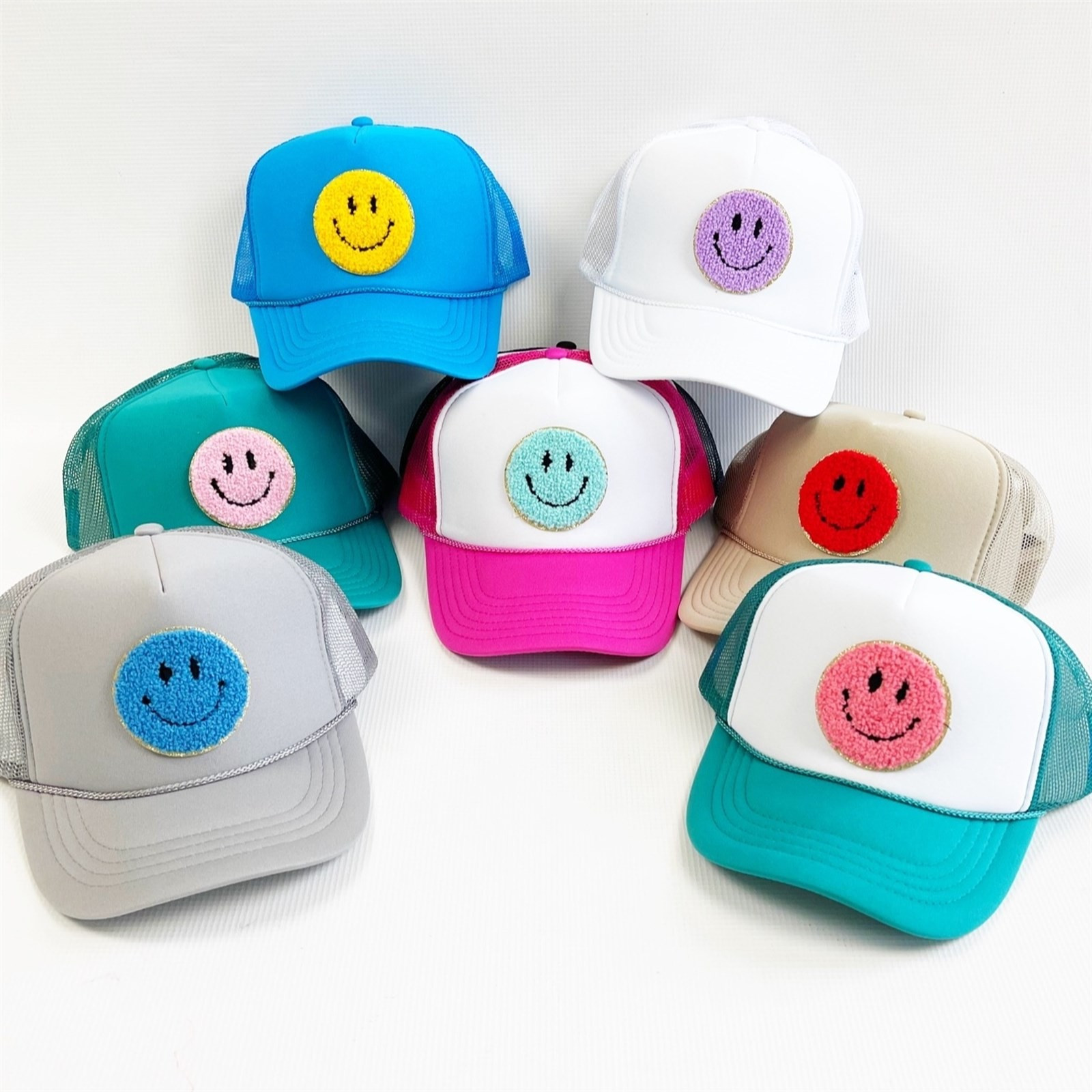 Chenille Smiley Trucker Hats | Jane