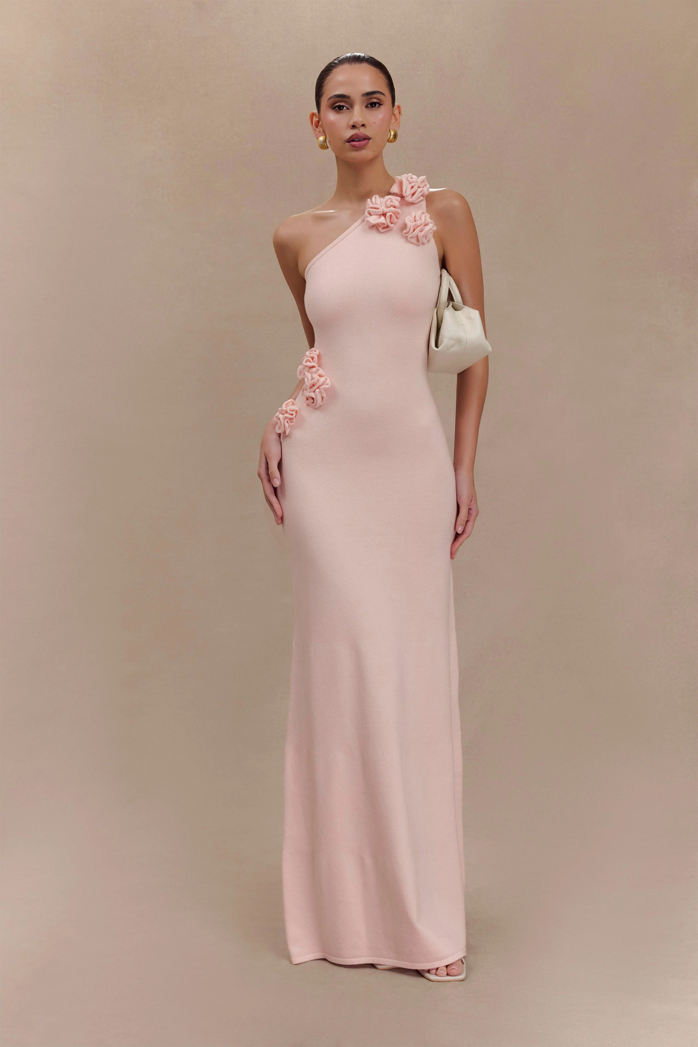 Paloma One Shoulder Knit Maxi Dress With Flowers - Baby Pink | Meshki UK