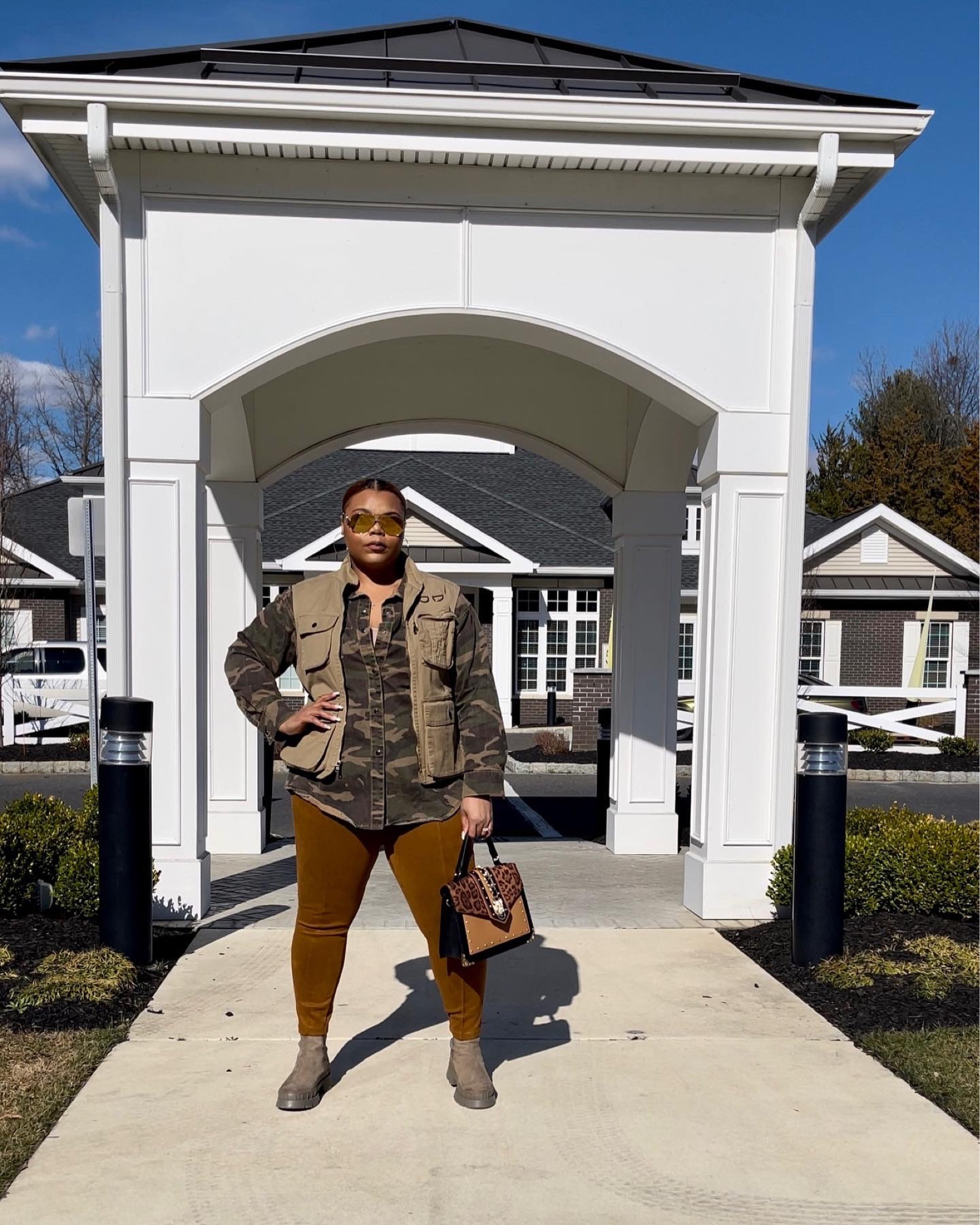 Earth and nude tone plus size outfit. Bring this look to life with an army (camouflage) shacket, suede leggings, and a photographer vest. These Versace glasses are also a perfect accessory to add along with the sage combat boots. Mix prints by adding a cheetah or leopard purse!

#LTKitbag #LTKstyletip #LTKcurves