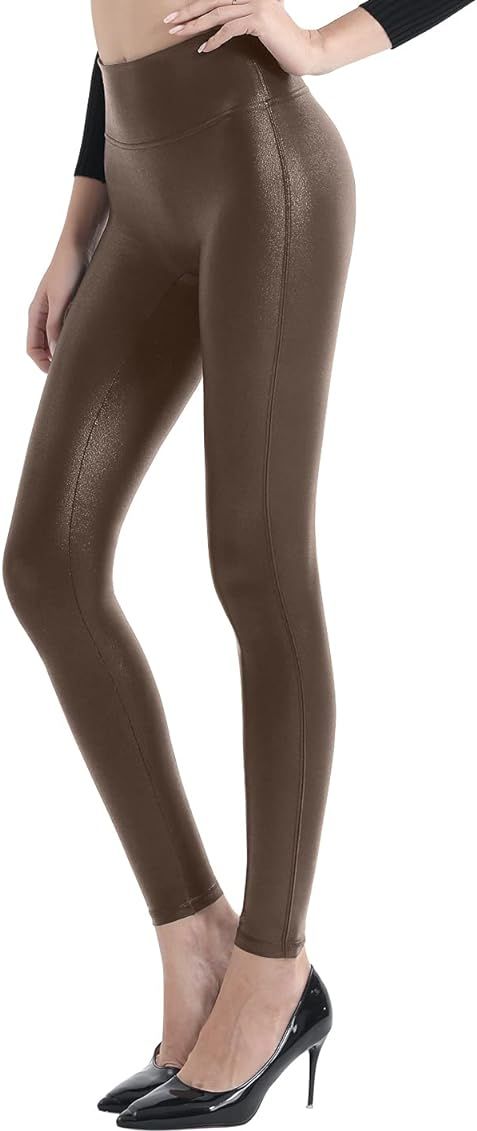 Retro Gong Womens Faux Leather Leggings Stretch High Waisted Pleather Pants (X-Small, Brown) at A... | Amazon (US)