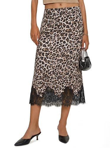 Cicy Bell Womens Silk Satin Leopard Midi Skirts Casual Dressy Lace Hem High Waisted A-Line Skirt Elegant Party Cocktail Outfit | Amazon (US)