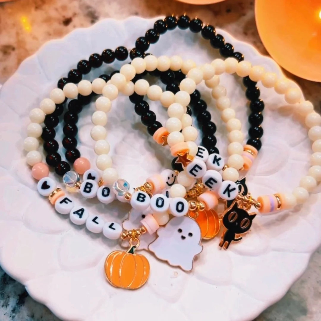 Halloween Beaded Bracelets, Ghost Charm Bracelet, Pumpkin Charm Bracelet, Cat Charm Bracelet, Hal... | Etsy (US)
