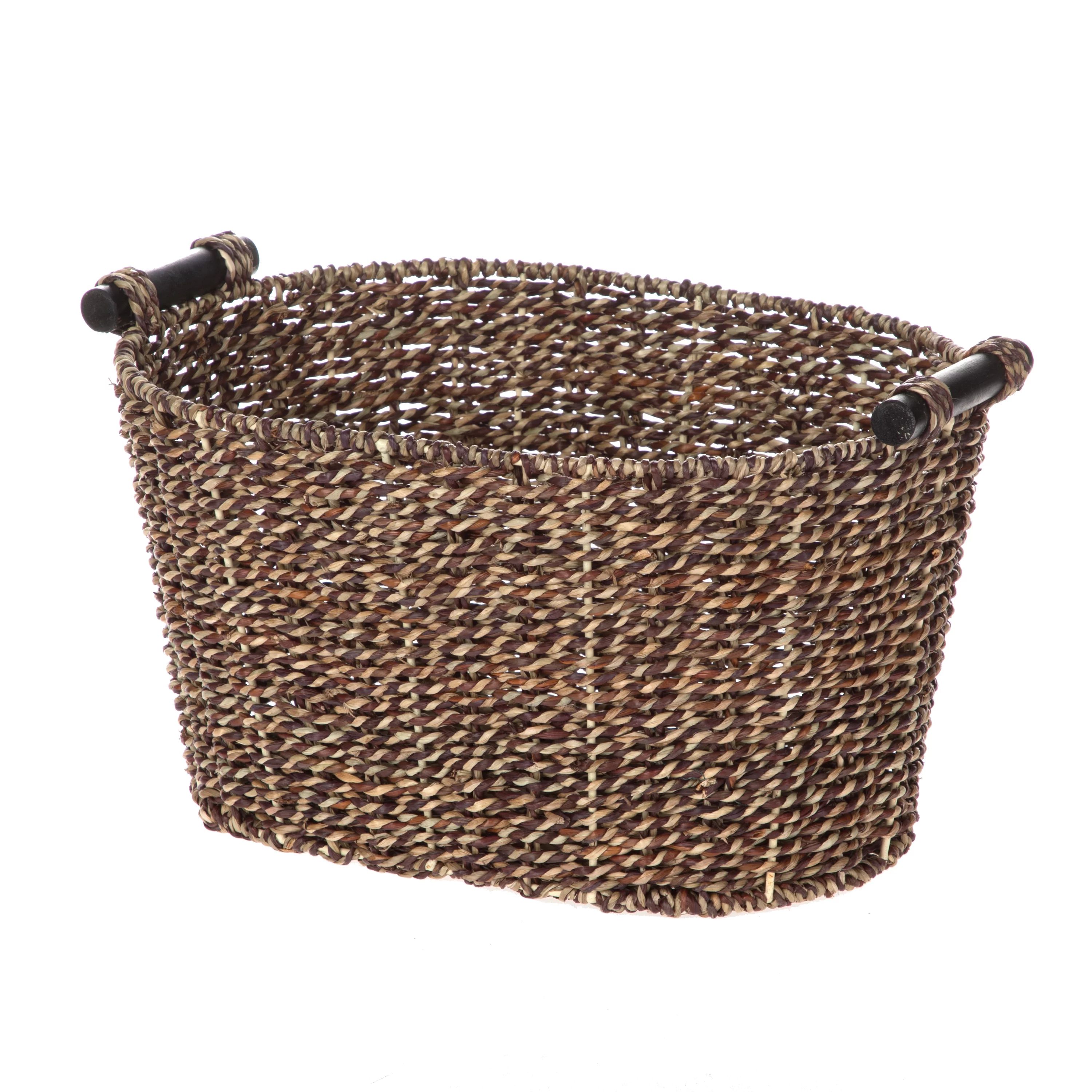 Mainstays Brown Oval 2-Hue Seagrass Storage Basket with Wooden Handles, 8.31 in. x 10 in. x 14.31... | Walmart (US)