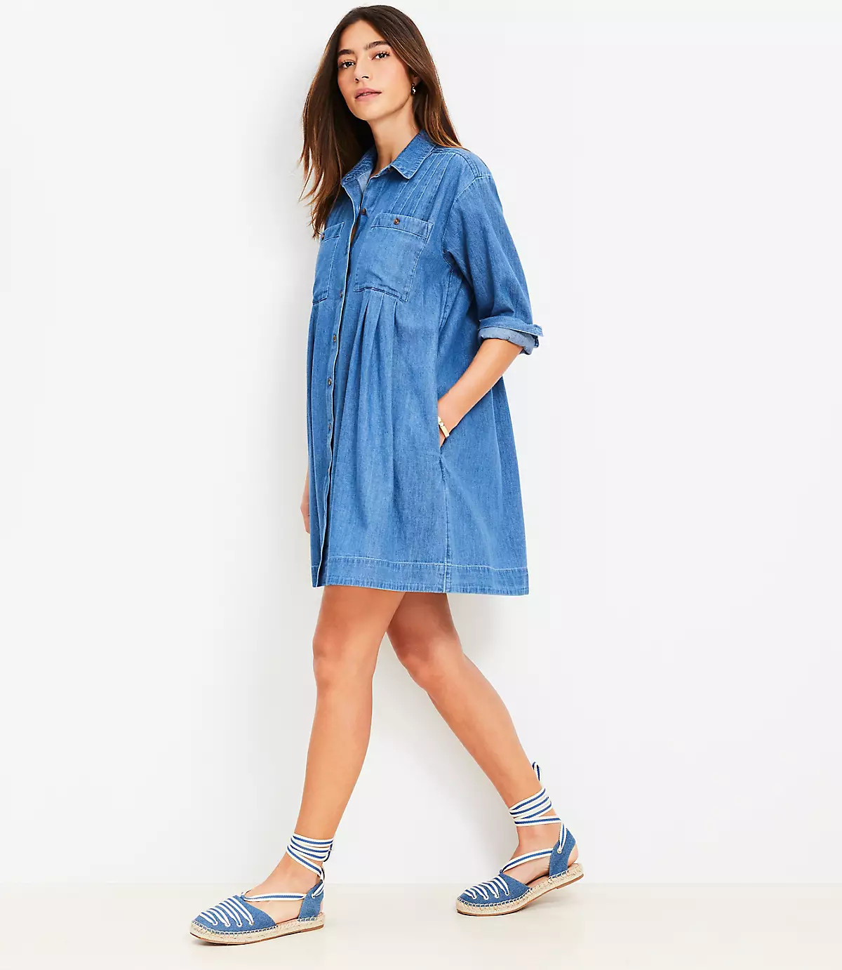 Chambray Pleated Mini Pocket Dress | LOFT
