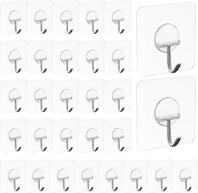 30 Packs Adhesive Hooks Wall Hooks Strong Adhesive Hooks 30 lbs/ 15 kg Seamless Clear Transparent... | Amazon (US)