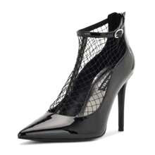 Nine West Fishnet Black Patent Pointed Toe Stiletto Heel Ankle Strap Pumps | SHEIN