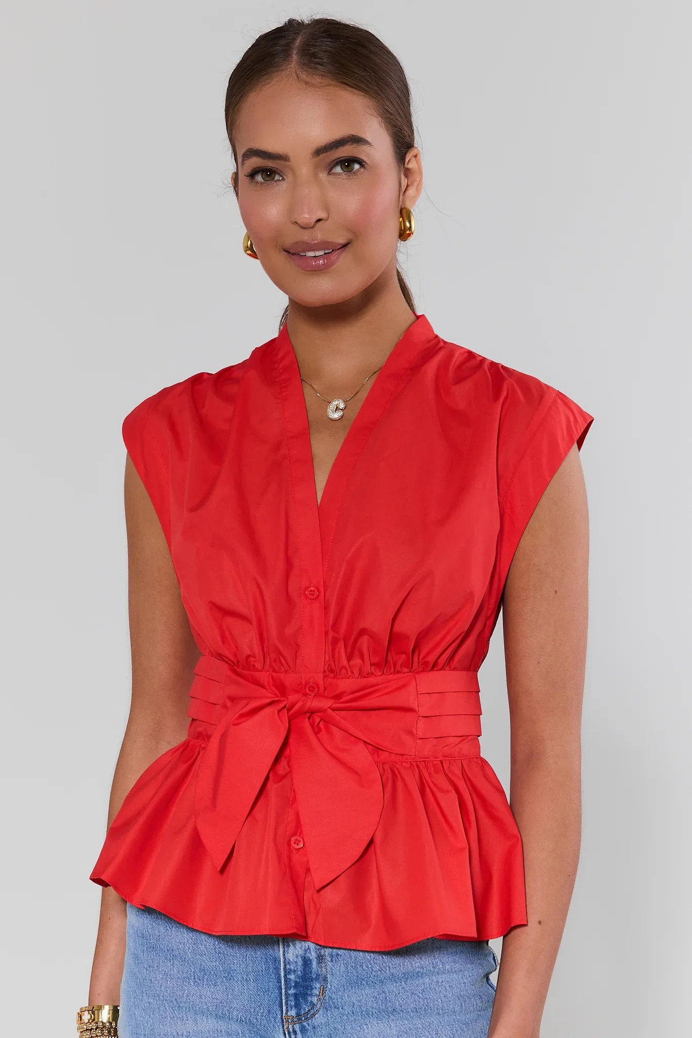 Betty Red Button Up Tie Waist Top | Avara
