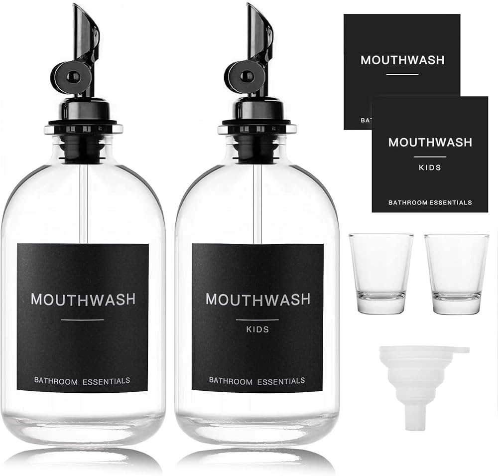 HomeFeel Black Glass Mouthwash Dispenser with Cups, 12.7 oz, 2 Pack - Clear Mouthwash Bottle with... | Amazon (US)