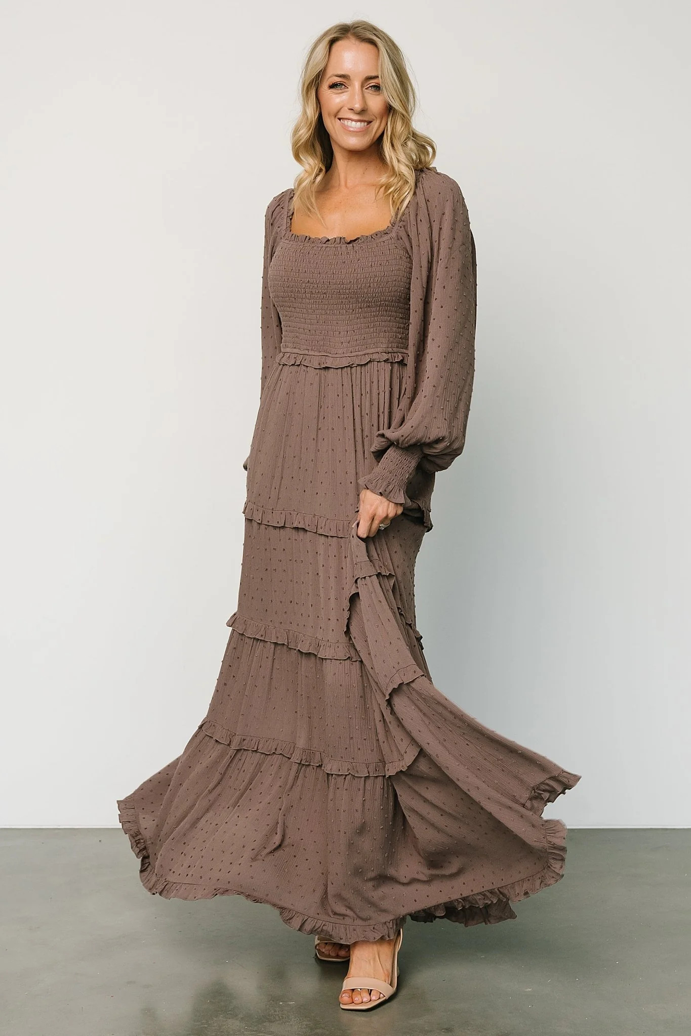 Amanda Smocked Dotted Maxi Dress | Brown | Baltic Born