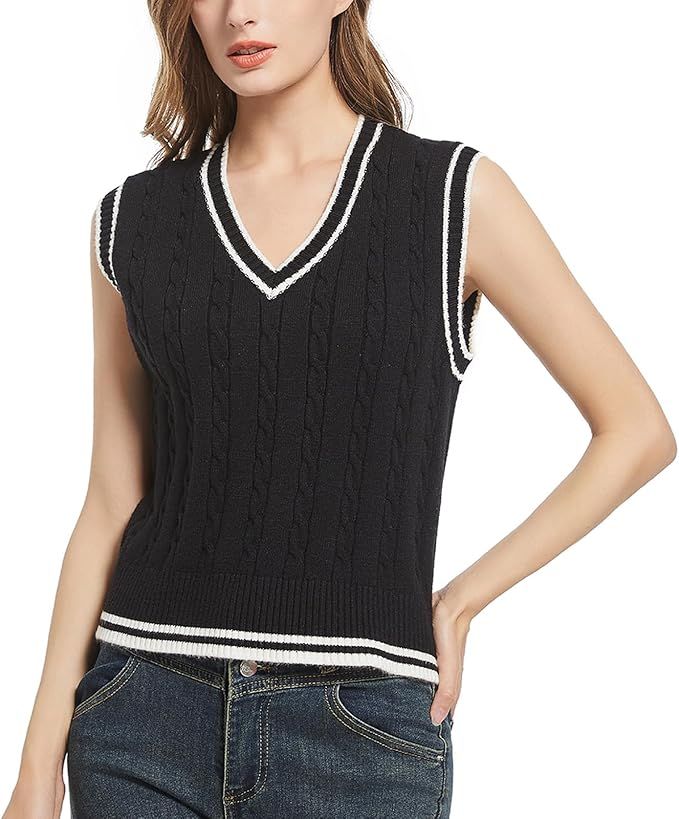 RefindWin Womens V Neck Sweater Vest School Uniform Vest Striped Cable Knit Sleeveless Sweater To... | Amazon (US)