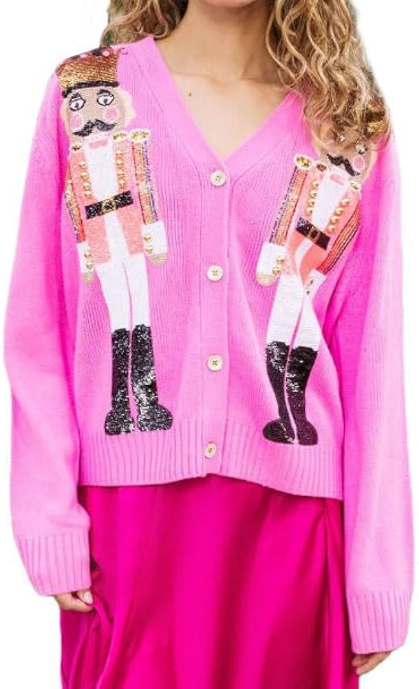 Women Holiday Sequin Cardigans Funny Graphic Button Embroidered Sweaters Cute Open Front Knit Lon... | Amazon (US)