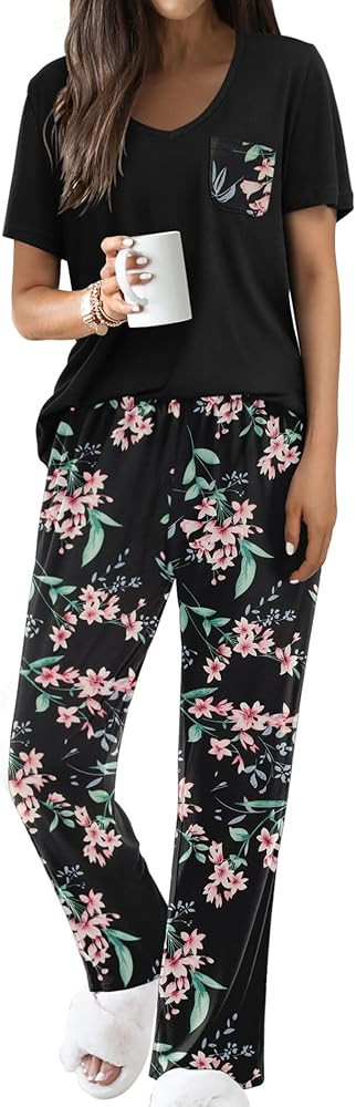 Ekouaer Pajama Sets for Women Short Sleeve Pj Set V Neck Sleepwear Chest Pocket with Long Pants C... | Amazon (US)