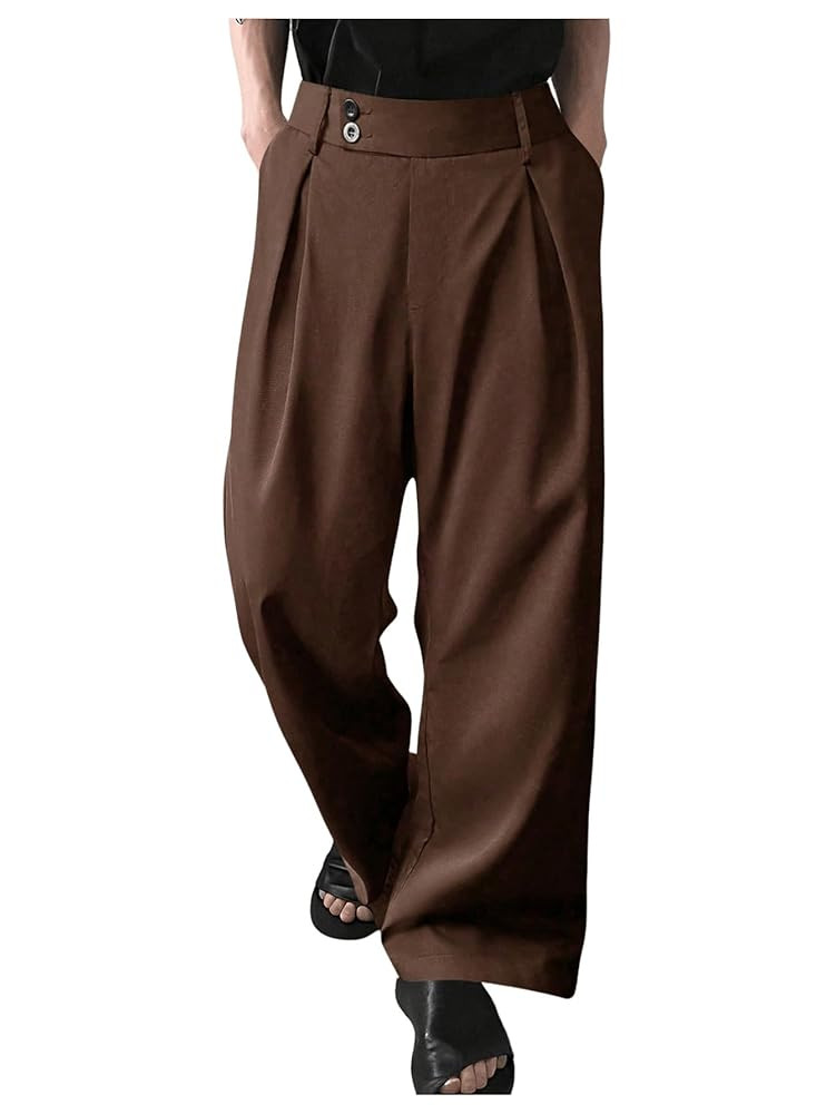 OYOANGLE Men's Pleated High Waist Wide Leg Pants Loose Fit Casual Pants with Pocket | Amazon (US)