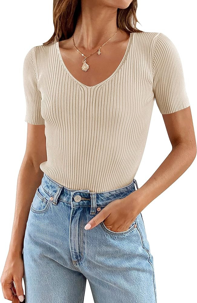 ZESICA Women's 2023 Short Sleeve V Neck Slim Fit T Shirts Summer Casual Ribbed Knit Solid Color B... | Amazon (US)