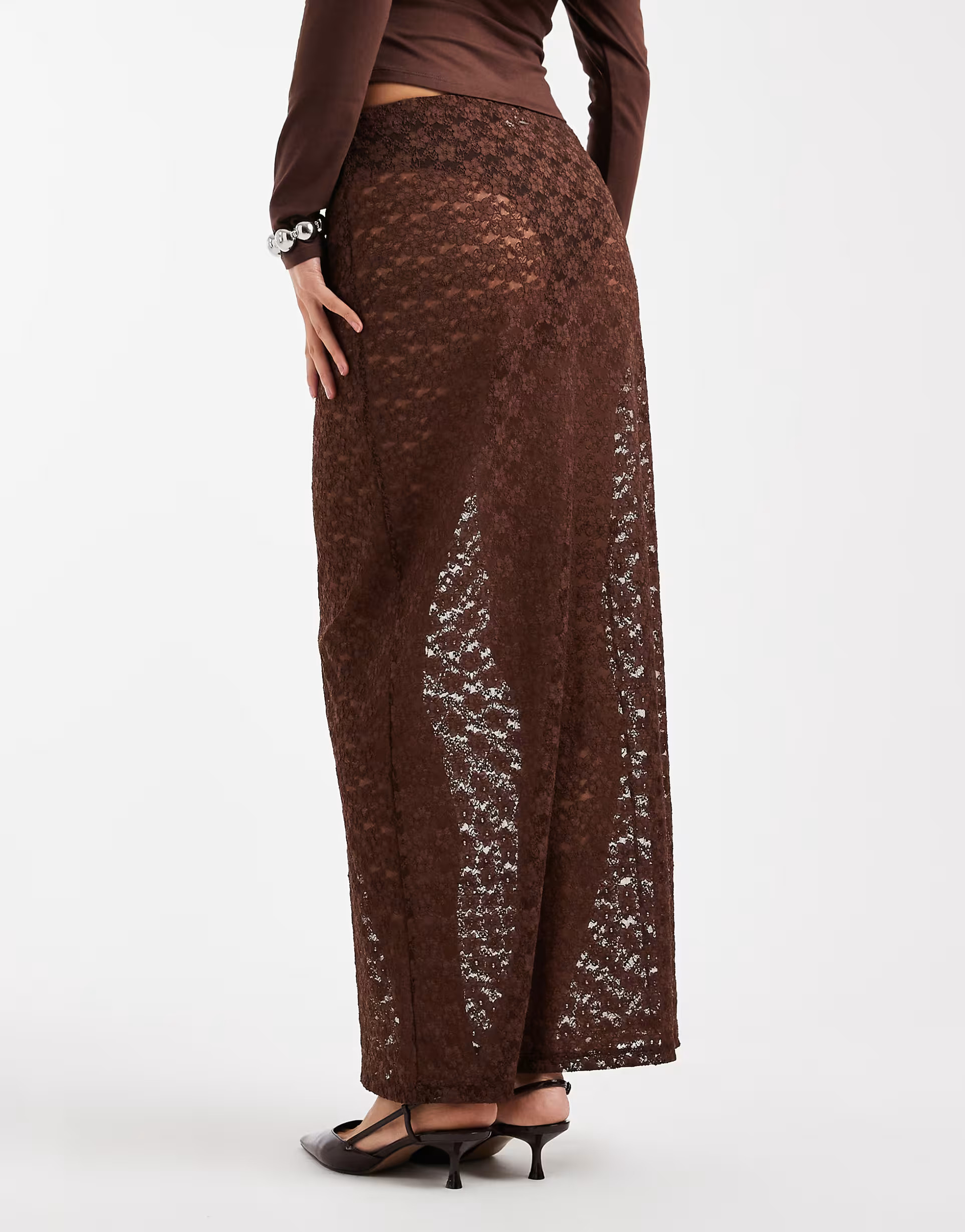 ASOS DESIGN lace sheer column maxi skirt in chocolate | ASOS (Global)